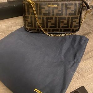 Fendi Black and Brown Clutch with Gold Chain